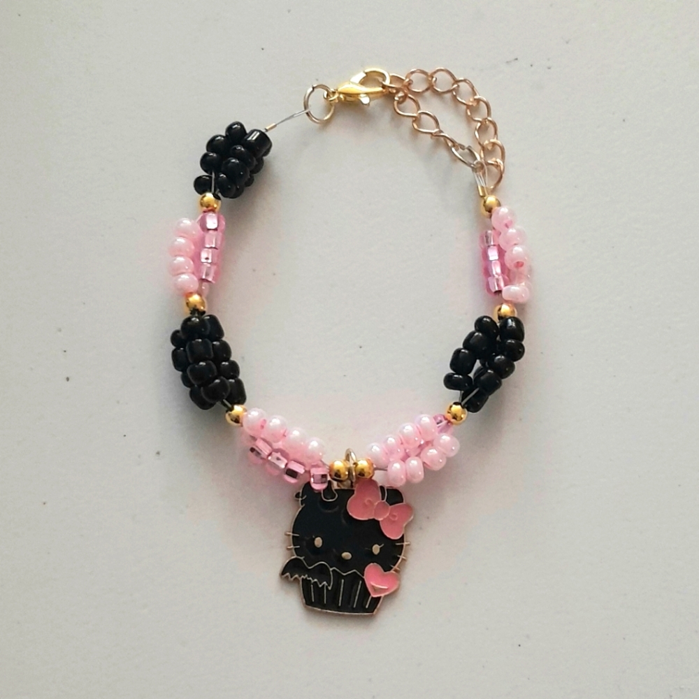 Black & Pink Beaded Kitty Bracelet